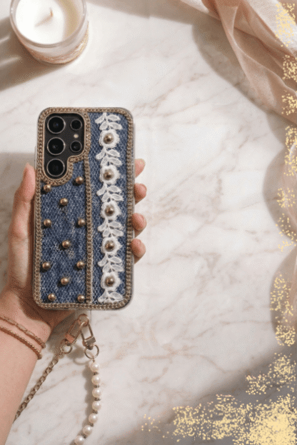 The Indigo Chic Handcrafted Denim & Lace Pearl Case-1